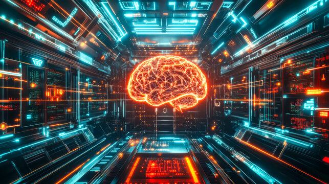 Futuristic brain visualization in a high-tech digital environment with neon lights and circuit patterns - Powered by Adobe