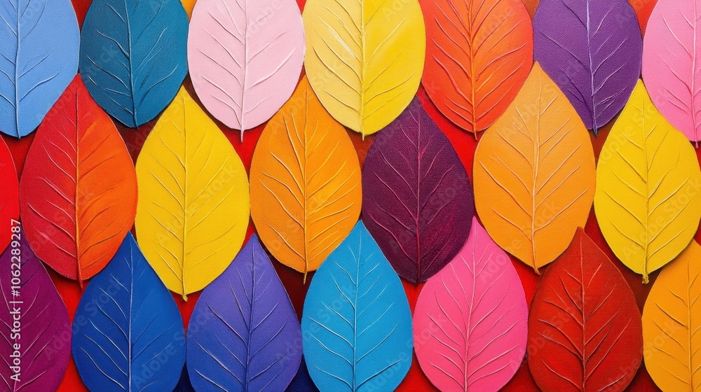 Poster vibrant pattern of colorful leaves with a variety of hues, creating a visually appealing and diverse