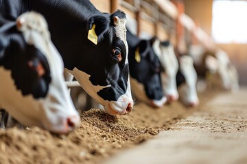Cows Aligned in Barn Feeding on Fresh and Nutritious Hay