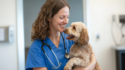 Smiling Veterinarian with Dog in Compassionate Interaction