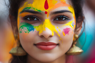 Obraz premium Close up of a girls face with Indian Flag painted holding indian Flag. Suitable for Independence Day or Republic Day concept.