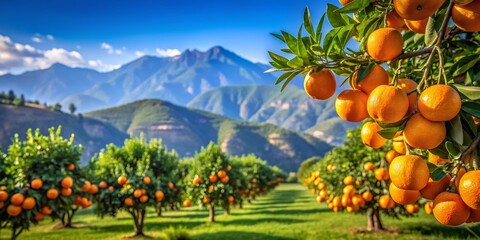 Scenic Orchard with Mandarin Oranges and Mountains