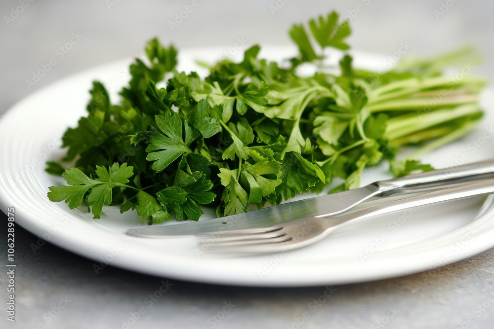 Wall mural stylish plate with garnished greens and cutlery