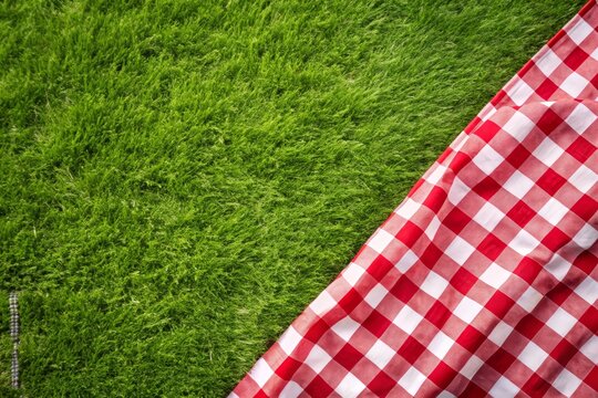 Red Picnic Cloth on Green Grass Background