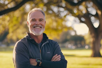 Obraz premium Confident middle-aged man with gray hair smiling outdoors in a forest setting, wearing a smartwatch and athletic clothing