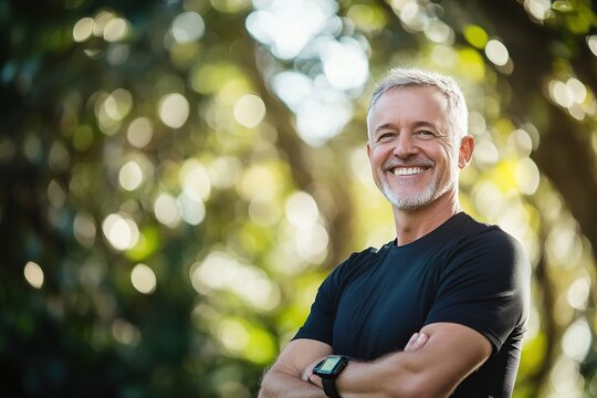 Confident middle-aged man with gray hair smiling outdoors in a forest setting, wearing a smartwatch and athletic clothing