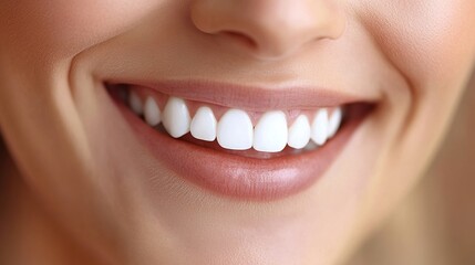 Fototapeta premium Close-up of a woman's bright, healthy smile with perfectly aligned white teeth and smooth skin