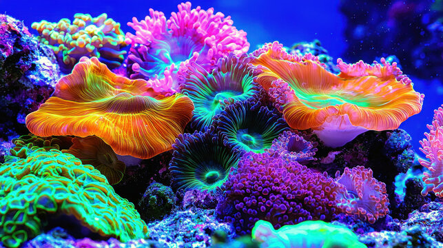 Wide-angle view of a colorful coral reef with diverse marine life in a natural setting.