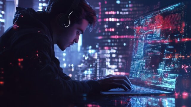 Digital technology, software development concept. Coding programmer working on laptop with circuit board and javascript on virtual screen