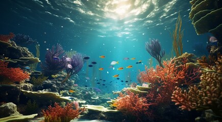 Fototapeta premium coral blue water background, oceanic view of coral blue water, underwater life