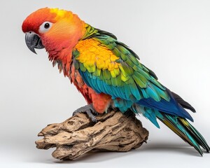 Fototapeta premium A vibrant, colorful parrot perched on a wooden branch, showcasing its striking plumage of red, yellow, green, and blue feathers.
