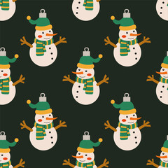 Cheerful snowmen in winter hats and scarves set against a dark background in festive decor