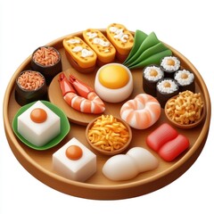 Colorful Japanese Cuisine Assortment on a Wooden Plate