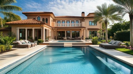 Exterior design of house, home and pool villa feature swimming pool, terrace, landscape garden and sun bed