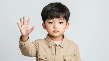 Asian child with raised palm stop gesture, white background, neutral palette 