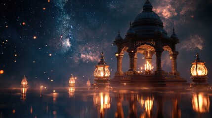 Fototapeta premium Majestic Candlelit Shrine with Traditional Motifs and Floating Lamps: Perfect Poster for Serene Home Decor or Yoga Studio Ambiance Under a Starry Celestial Sky