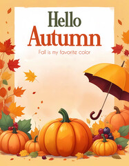 Hello Autumn poster with orange umbrella surrounded by pumpkins and fall leaves