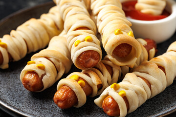 Halloween mummies sausages in dough with ketchup. Halloween party snack.