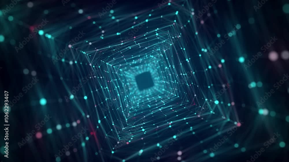 Poster technology wireframe square tunnel on blue background. futuristic 3d wormhole grid. big data visuali