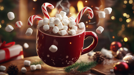 Floating Hot Chocolate Mug Overflowing with Marshmallows and Candy Canes, Hovering Over a Festive Fireplace 