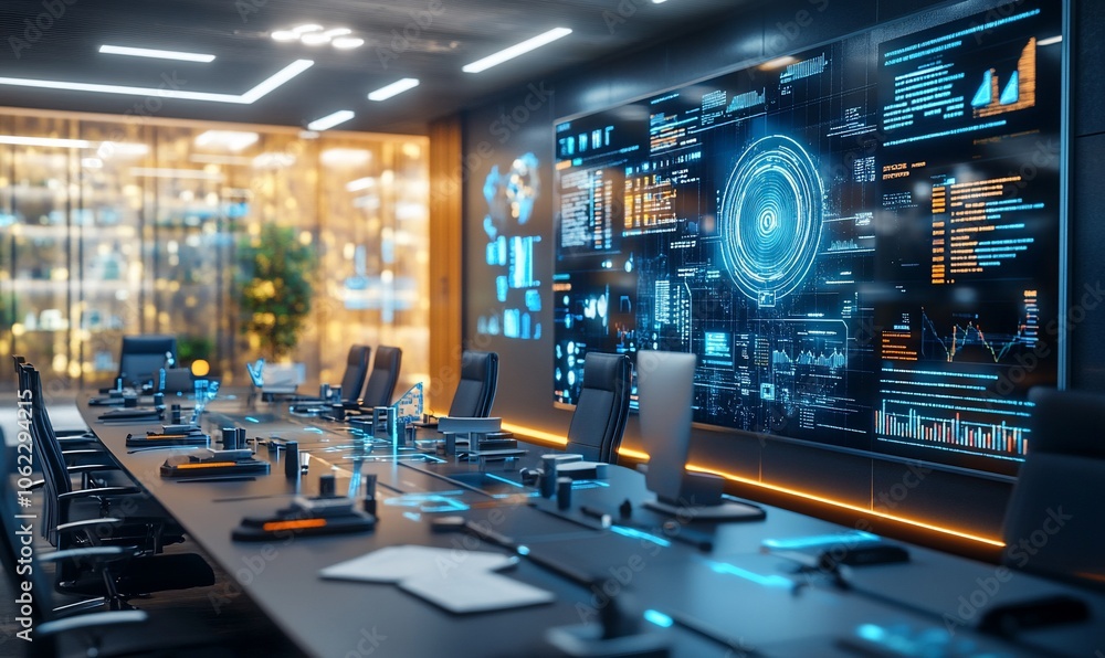 Aufkleber Futuristic conference room with a large screen displaying data and graphs.