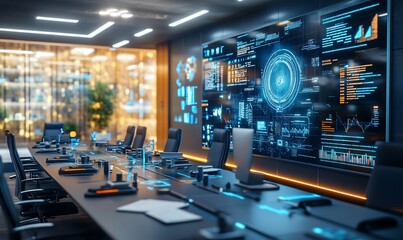 Futuristic conference room with a large screen displaying data and graphs.