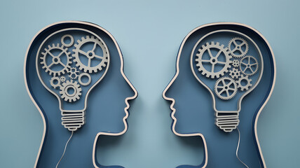 Two side profiles of human heads, outlined in white against a light blue background. Inside each head, there's a light bulb filled with intricate gear patterns