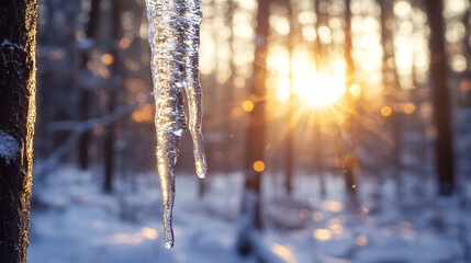 Fototapeta premium Floating Icicle Dripping with Frost, Reflecting Light Like a Crystal Against a Snowy Forest 