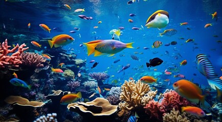 Fototapeta premium coral blue water background, oceanic view of coral blue water, underwater life