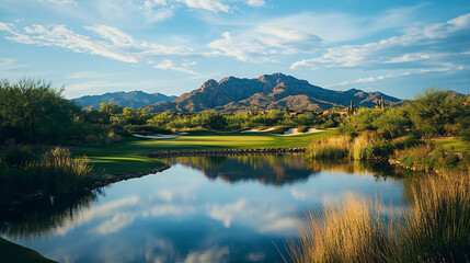 Fototapeta premium serene green valley golf course with mountain views and reflecting water