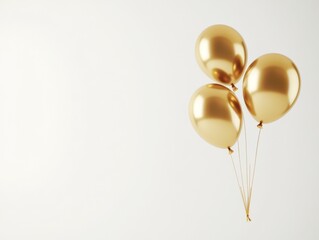 A bunch of three gold balloons floating on a white background, creating a festive and elegant party atmosphere.