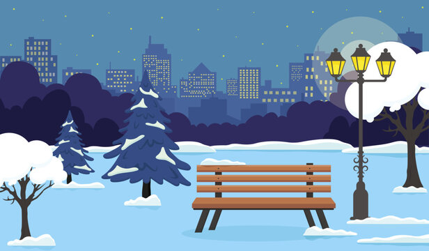 A serene winter night scene with a snow-covered park bench and city skyline in the background