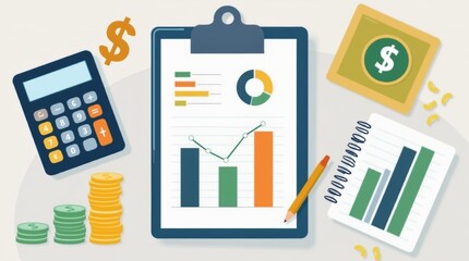 financial planning scene with a notepad showing charts and graphs, calculator and dollar signs around it, bright and clean design with a vibrant color palette, positive and motivating atmosphere