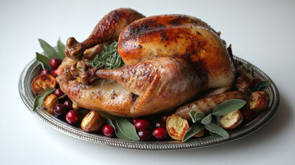 Thanksgiving Roasted Turkey on a Silver Platter with Cranberries and Sage
