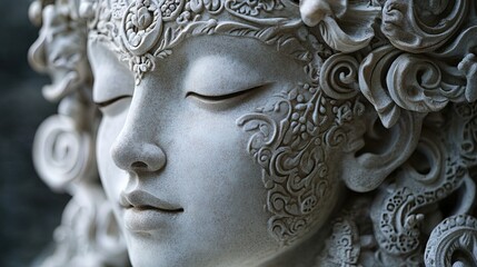 Majestic Goddess Statue Art: Ornamental Patterns and Textured Features Under Soft Lighting - Perfect for a Stunning Poster in Sports Interiors and Inspiration Spaces