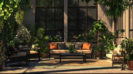 Obraz premium modern terrace with furniture and plants, cozy summer patio