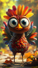 Fototapeta premium Adorable Cartoon Turkey with Bright Feathers Standing Proudly for Thanksgiving 