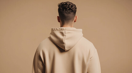 Obraz premium Person in cream hoodie on pink background (back view), Man in mockup blank hoodie back view with hood down