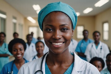 Close portrait of a smiling young Rwandan woman doctor looking at the camera, Rwandan hospital blurred background