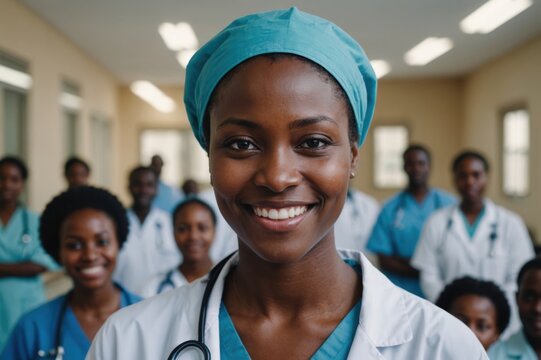 Close portrait of a smiling young Rwandan woman doctor looking at the camera, Rwandan hospital blurred background