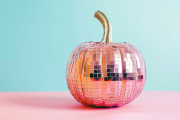 A vibrant pink disco ball shaped like a pumpkin, placed on a glittery surface with bokeh lights creating a whimsical and festive Halloween atmosphere.