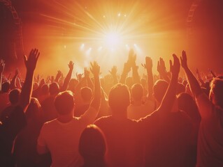 A vibrant concert scene features a silhouetted crowd with hands raised, illuminated by intense stage lights, creating a lively and energetic atmosphere.