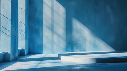 Obraz premium Product presentation backdrop in blue with shadows and light: vacant display stands.