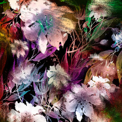 Watercolor seamless pattern, background with a floral pattern. aster, poppy, cornflower,pansies, viola, field or garden flowers. Wild plant, grass. Abstract spots, strokes. Fashion background

