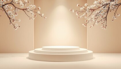 Product display podium with blossom flowers