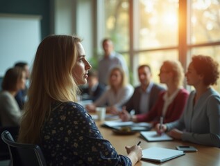 a person attending a workshop in a modern conference room, taking notes and engaging with a speaker,  conveying a sense of growth and commitment to professional development