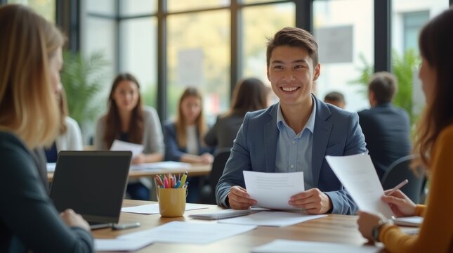  a young professional working at a desk in a modern office, reviewing documents and taking notes, surrounded by colleagues engaged in discussions, soft natural light streaming through large windows