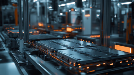 W fabryce z linią produkcyjną ogniw bateryjnych do samochodów elektrycznych, z bliska widać szczegóły procesu.