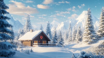 Naklejka premium Christmas snowy cabin and pine trees