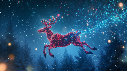 Floating Reindeer Covered in Christmas Lights, Galloping Through a Winter Storm Above the Trees 